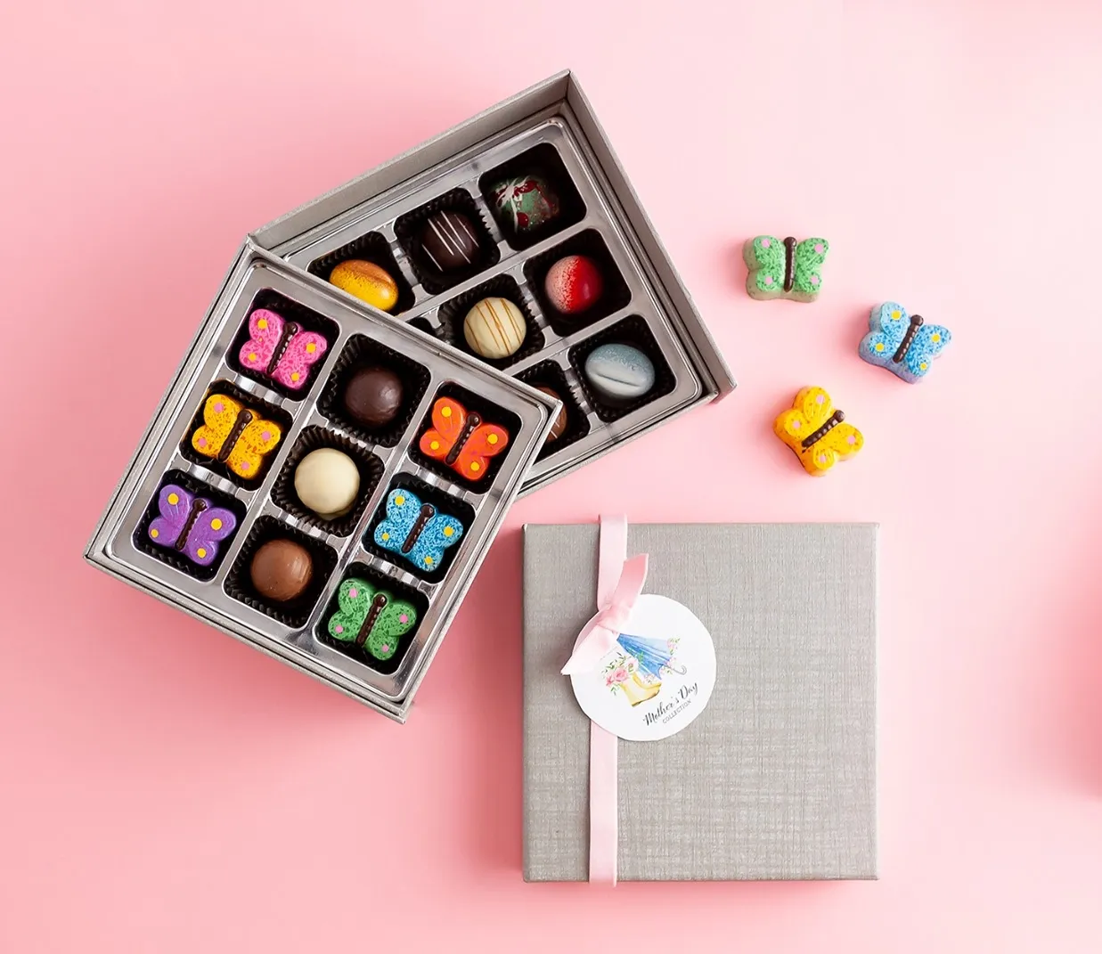 Mother's Day collection - butterfly-shaped chocolates with floral tag